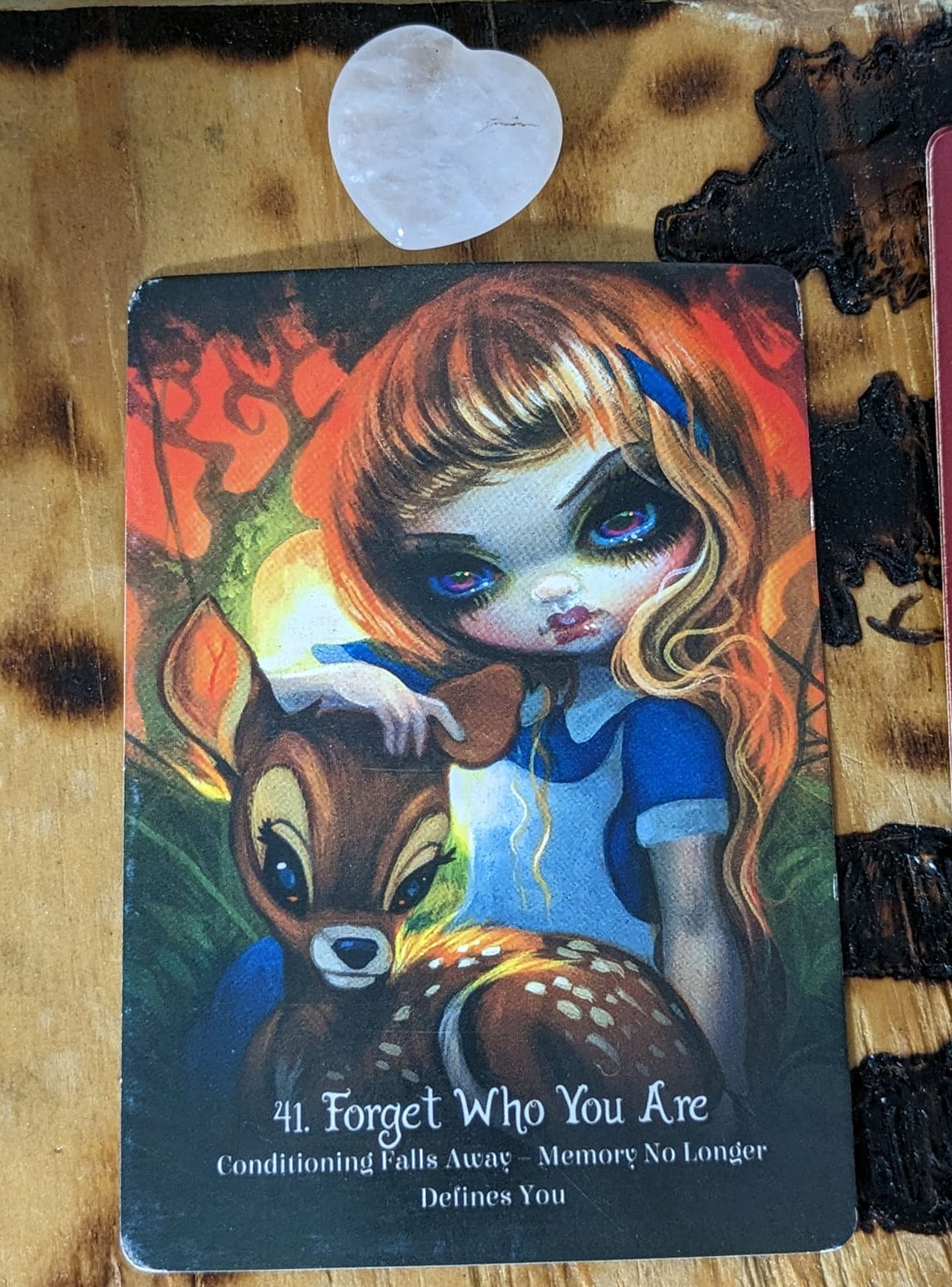 This picture is of an oracle card that has a girl and a deer on it. The card says "41. Forget who you were. Conditioning falls away, memory no longer defines you."