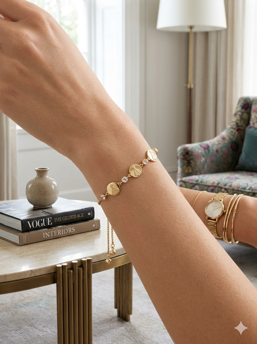 PULSEIRA NOSSA SENHORA TIFFANY - FOLHEADAS A OURO E PRATA