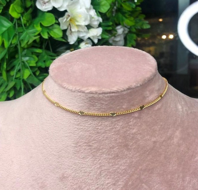 Miniatura: CHOKER CORRENTE BOLINHA/CORAÇÃO - FOLHEADA A OURO E PRATA