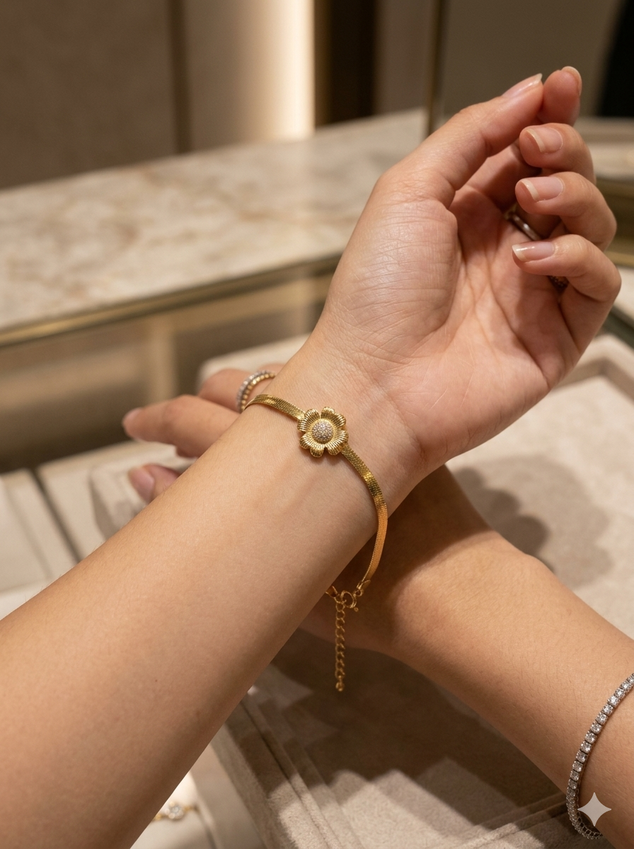 PULSEIRA FITA MARGARIDA - FOLHEADAS A OURO E PRATA