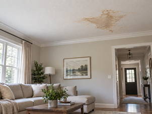 Water stain on a living room ceiling indicating possible hidden water damage in the home.