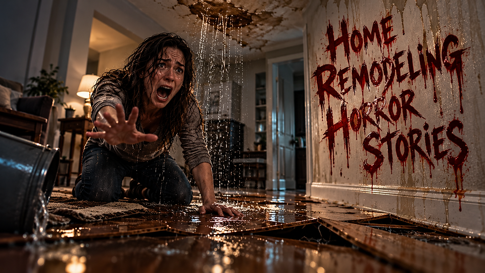 Terrified woman screaming in a water-damaged living room with a stained, leaking ceiling and buckled hardwood floors. Blood-red lettering on the wall reads “Home Remodeling Horror Stories,” illustrating hidden water damage and costly home remodeling mistakes.