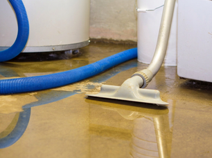 Water extraction equipment removing standing water from a flooded basement floor near a water heater and appliance.