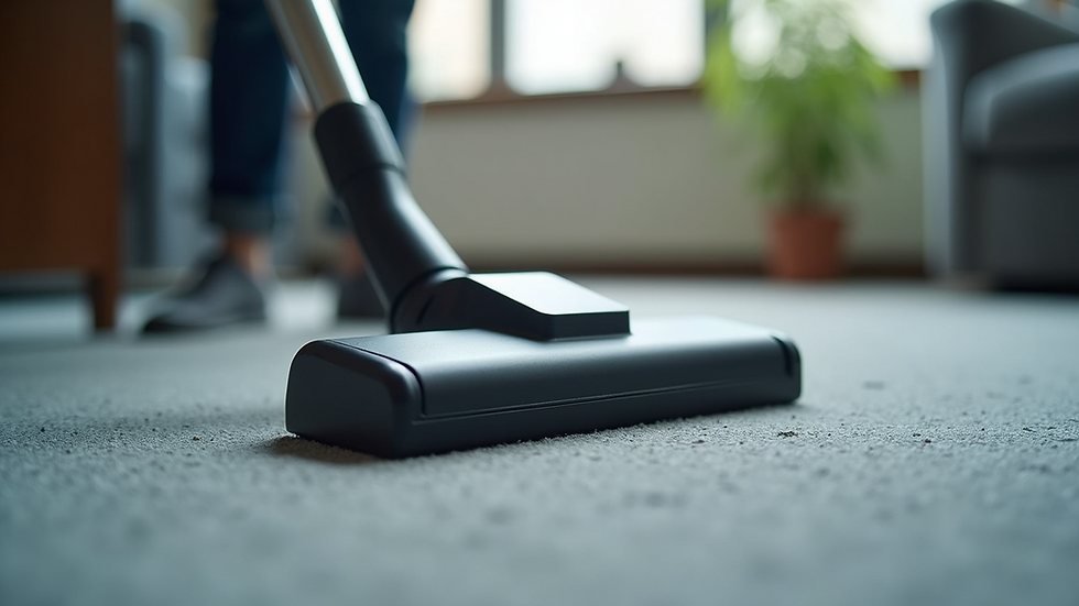Close-up view of a vacuum cleaner head on office carpet