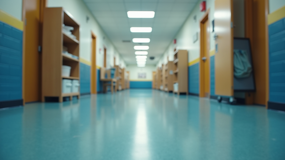 Eye-level view of a clean and organized school hallway