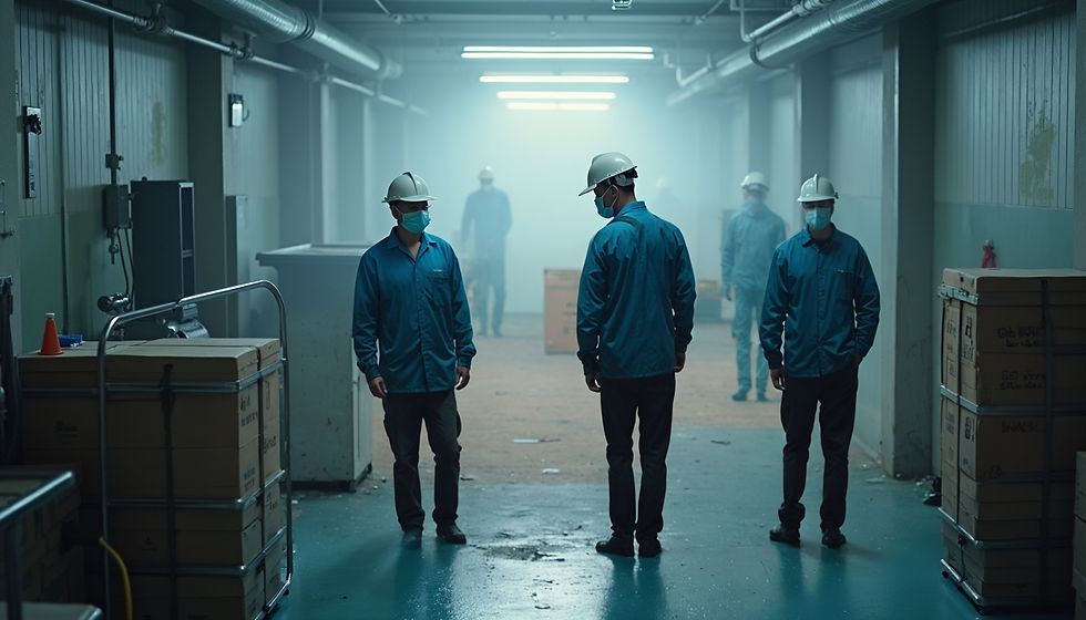 High angle view of industrial cleaning crew using specialized equipment in a factory