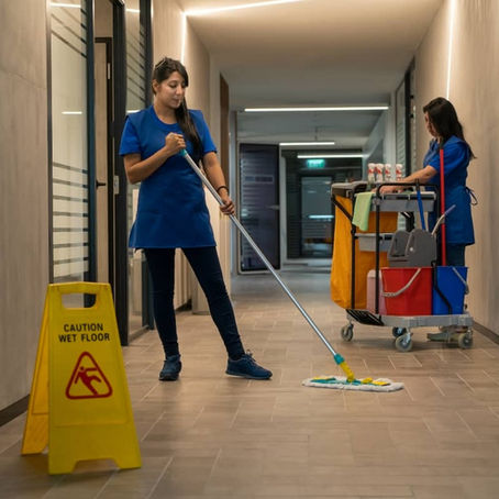 Cleaner mops the floor while the other prepares chemicals