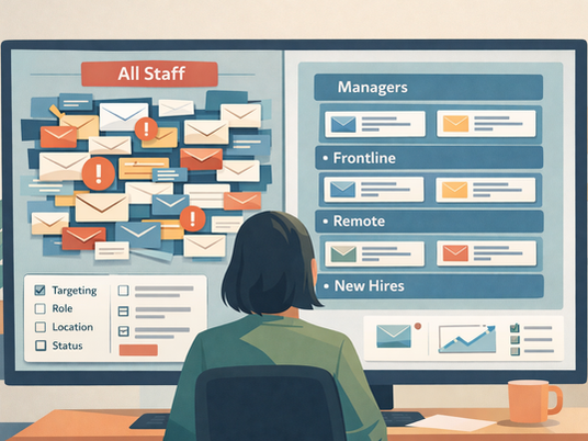 Illustration showing over-communicating internal communications replaced by segmented, targeted employee messaging