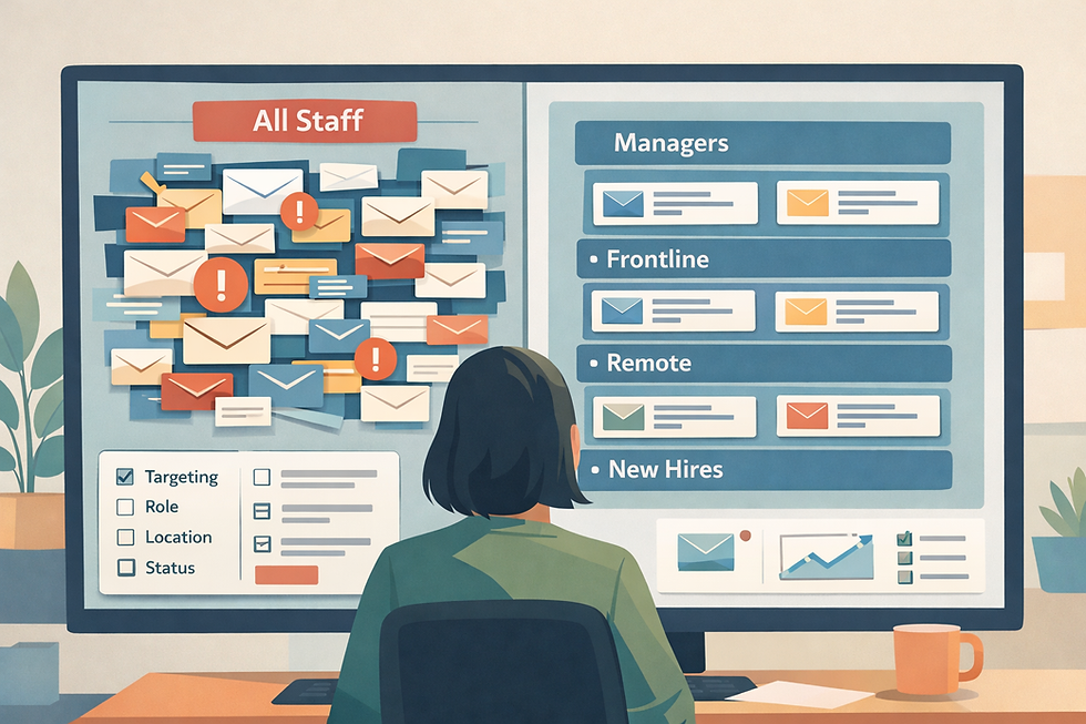 Illustration showing over-communicating internal communications replaced by segmented, targeted employee messaging