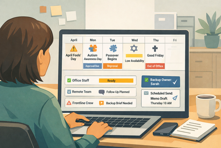Calendar-aware comms planner showing Passover and holiday coverage scheduling for internal communications