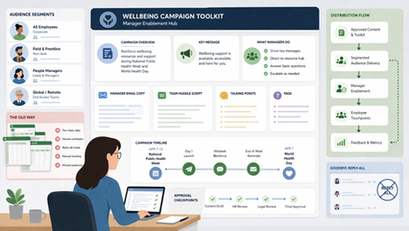 Manager enablement for wellbeing comms shown as a wellbeing campaign toolkit with manager talking points, timelines, and segmented message flows