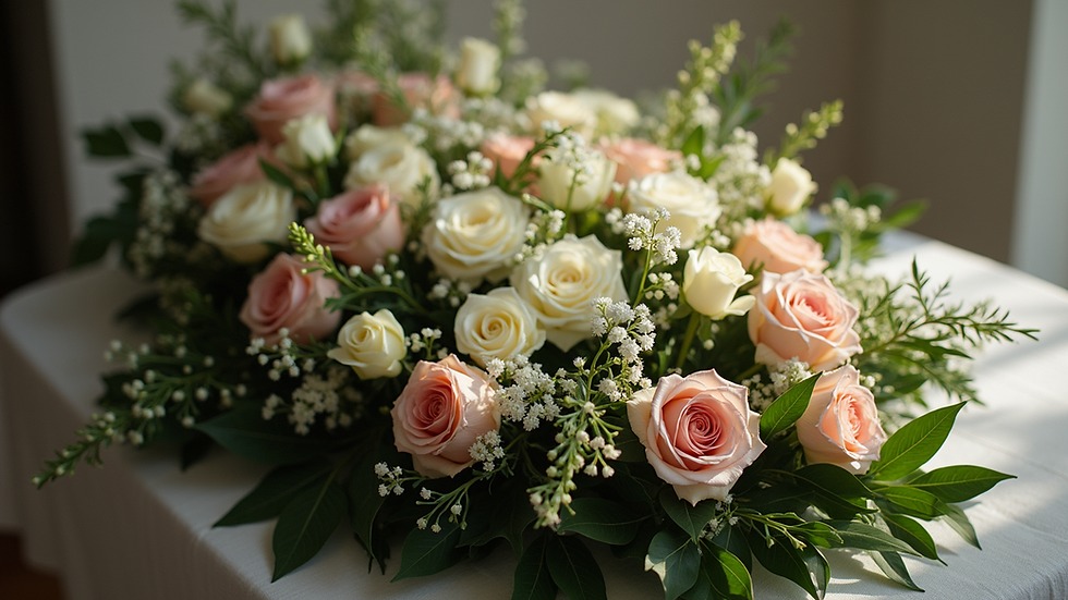 High angle view of a floral wreath arrangement perfect for funerals