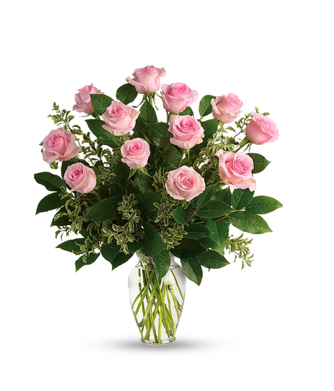 Pink rose bouquet in glass vase with lush greenery – same-day flower delivery in Oceanside & East Rockaway, NY.
