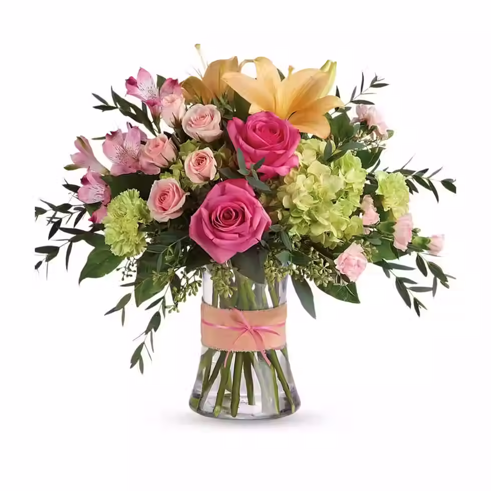 Elegant blush-toned birthday bouquet with deluxe pink roses, carnations, and accents