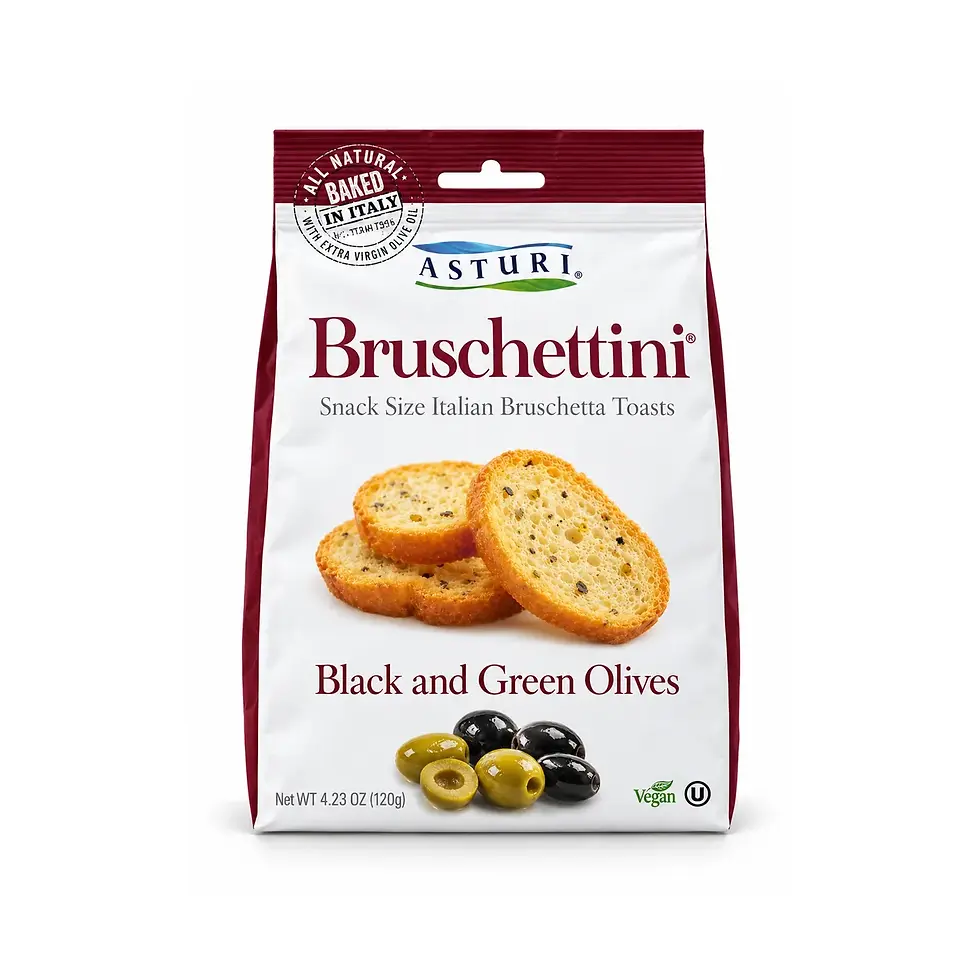 Asturi Bruschettini black and green olives Italian mini toasts 120 g bag
