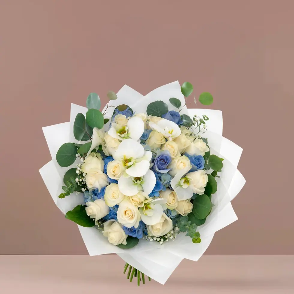 Luxury blue and white orchid rose bouquet available for same-day flower delivery in Oceanside and East Rockaway NY
