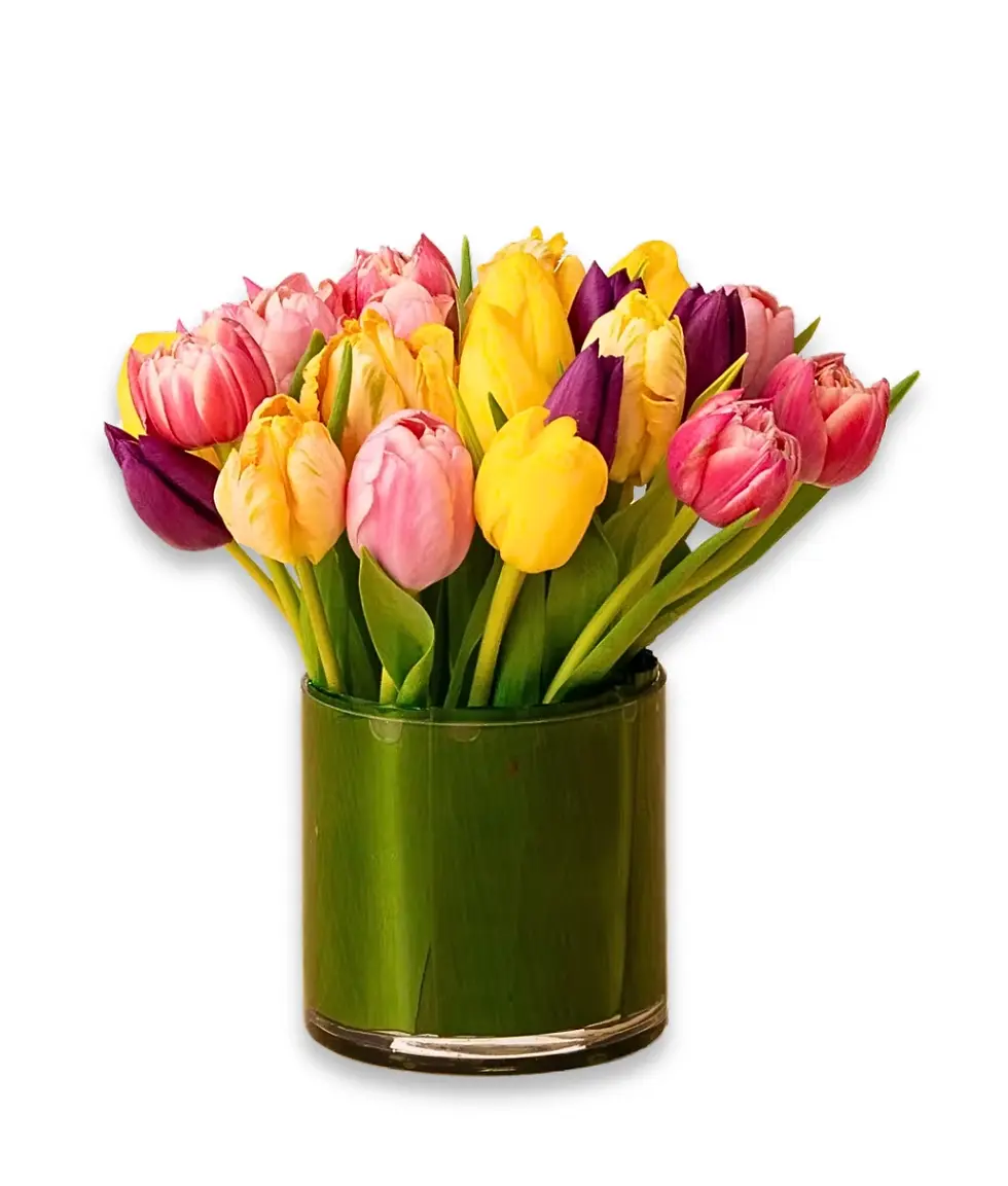 Colorful spring tulips in green vase for Mother's Day – Oceanside, East Rockaway NY
