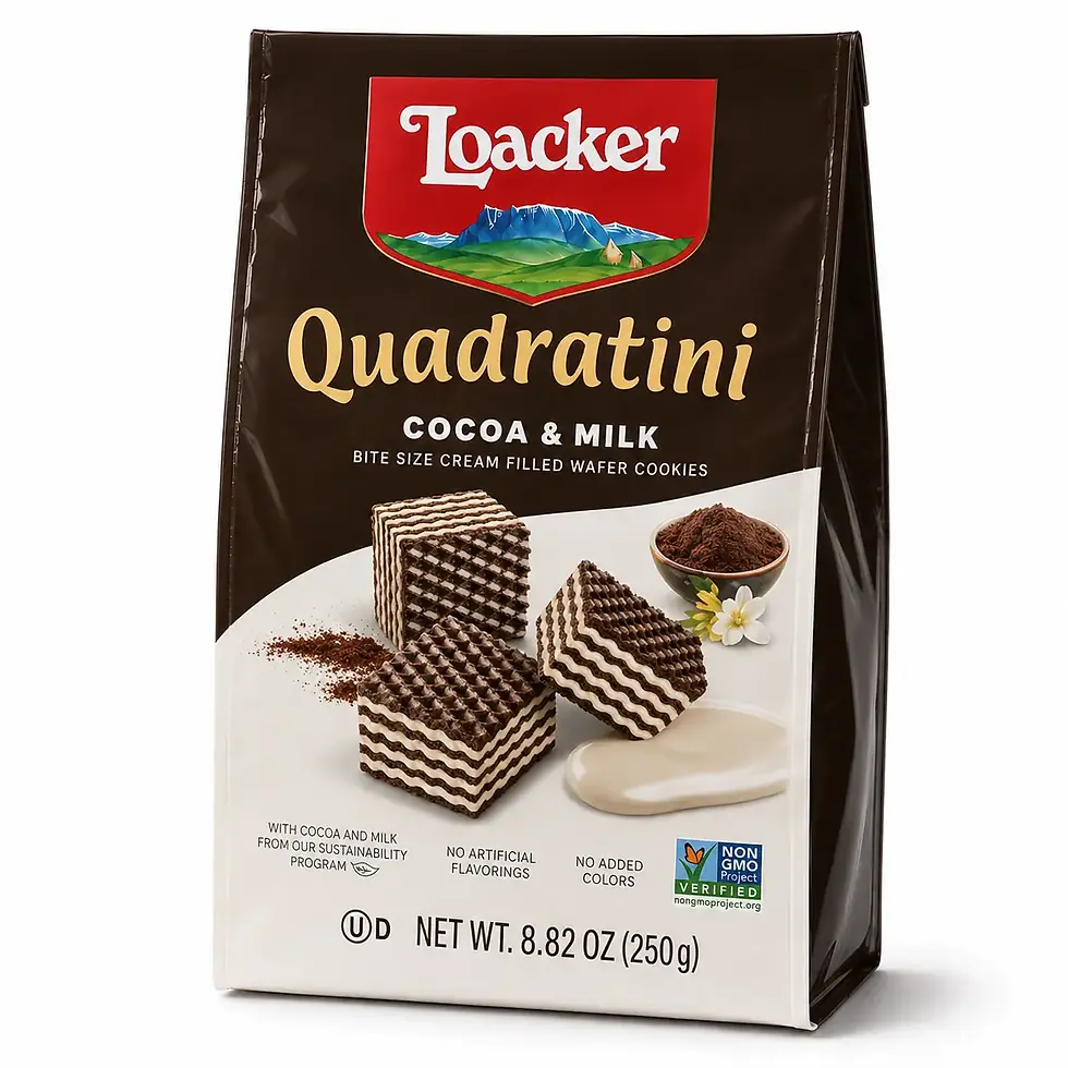 Loacker Quadratini Cocoa and Milk Wafers 8.82 oz bag front view