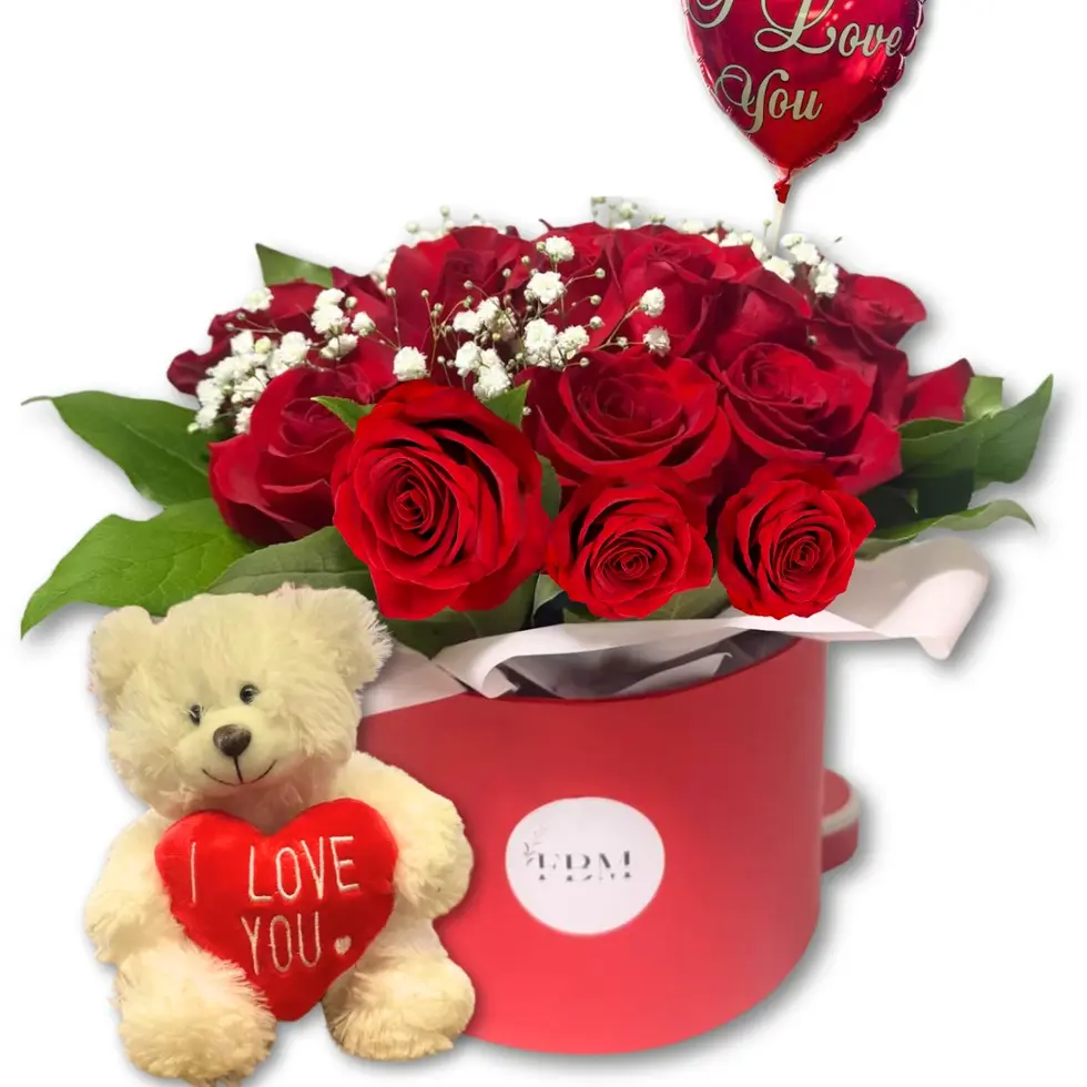 Valentine’s red roses with teddy bear and I Love You balloon delivered in Oceanside and East Rockaway NY
