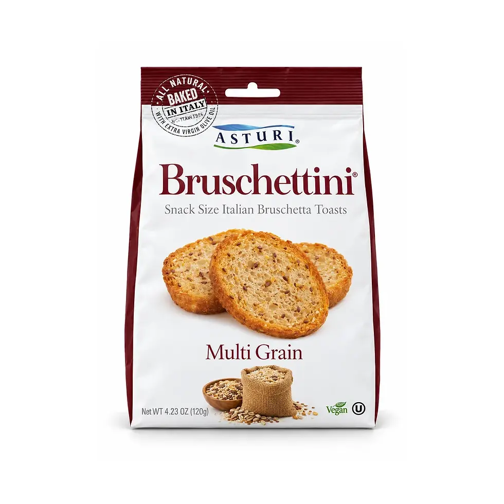 Asturi Bruschettini Multi Grain Italian mini toasts 120 g burgundy bag