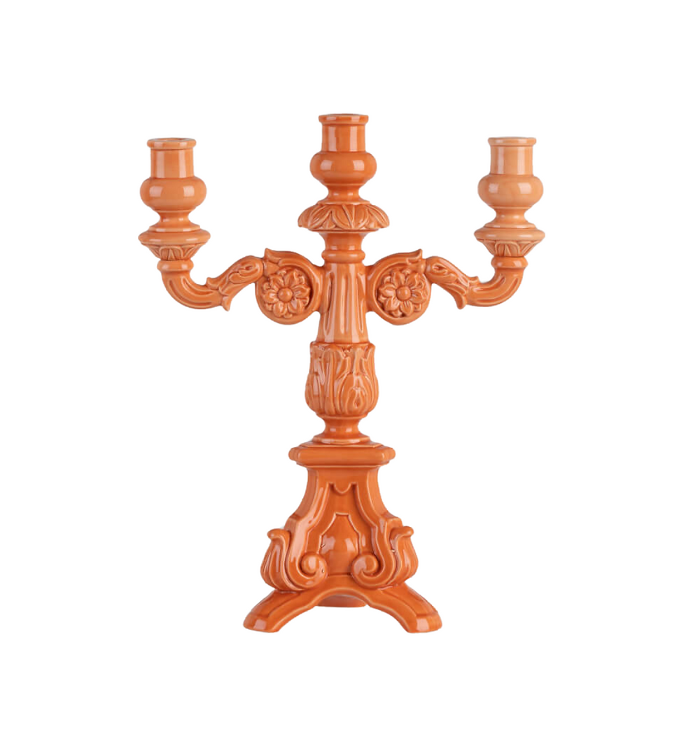 Thumbnail: Persimmon ceramic Baroque 3-light candelabra by Ceramiche Bevilacqua.
