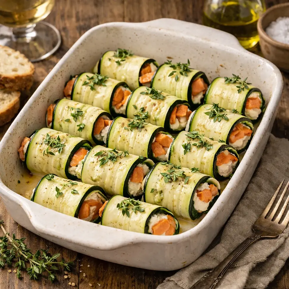 Zucchini involtini filled with smoked salmon and creamy robiola, garnished with fresh thyme in a rustic ceramic dish.