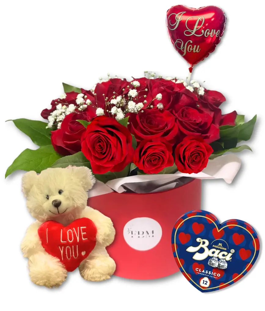 Red rose Valentine’s hatbox with teddy bear, balloon and Baci chocolates