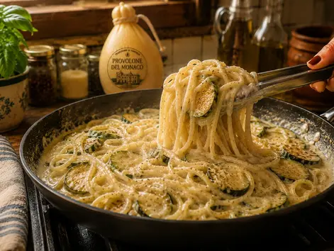 Authentic Spaghetti alla Nerano with fried zucchini and creamy Provolone del Monaco cheese in a rustic Italian kitchen.