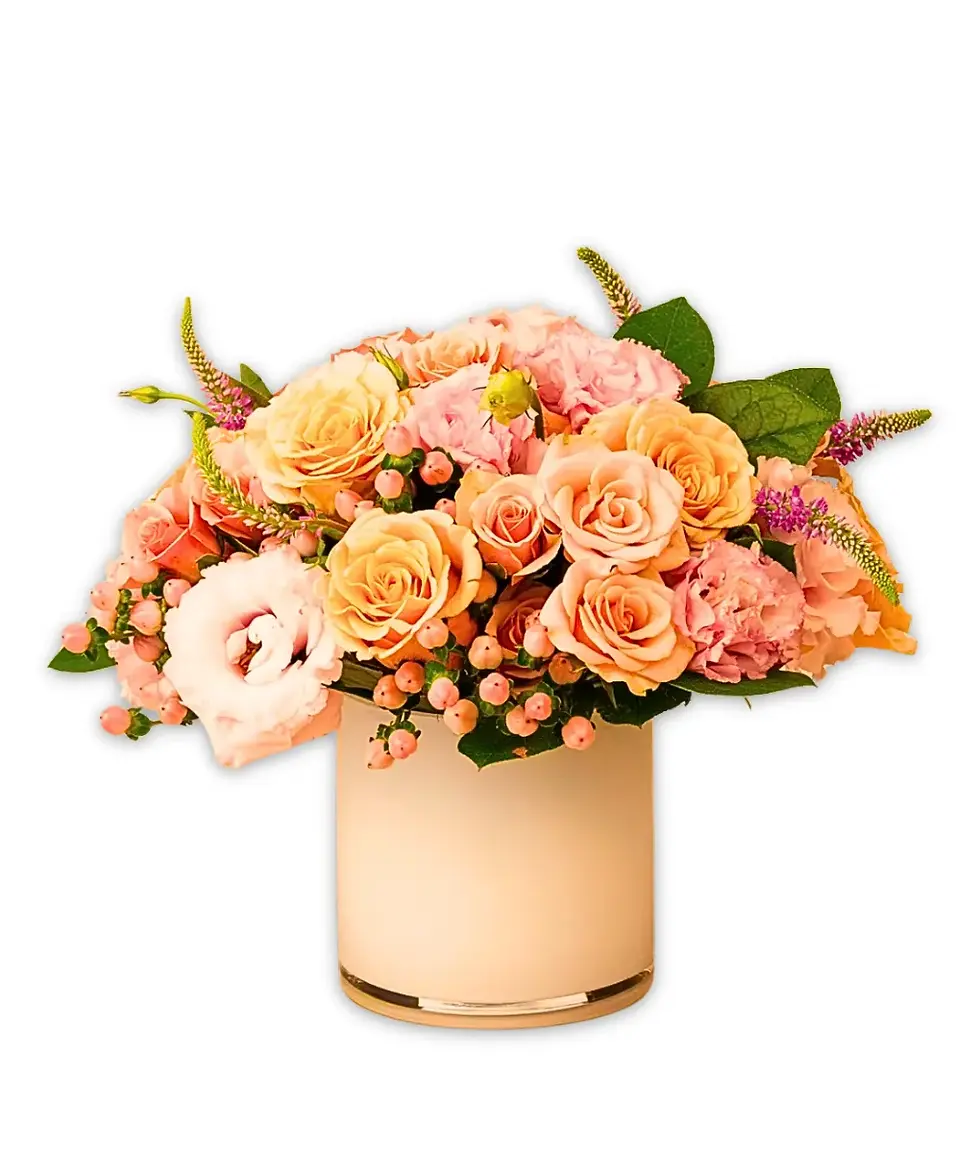 Jane bouquet with peach roses, lisianthus, and tropical greenery – Flowers by Mike NY