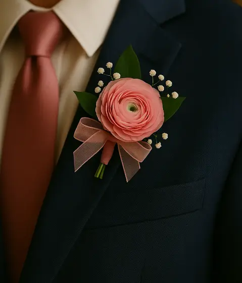 Blush pink ranunculus boutonnière with baby’s breath on navy suit – Dalila Deluxe Prom Collection | Flowers by Mike NY