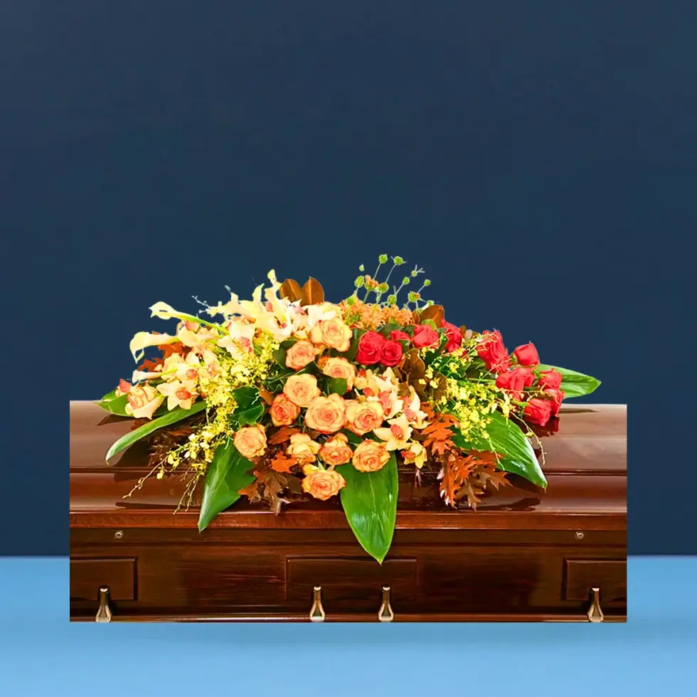 Giving Thanks fall casket spray with roses and calla lilies – East Rockaway NY funeral florist