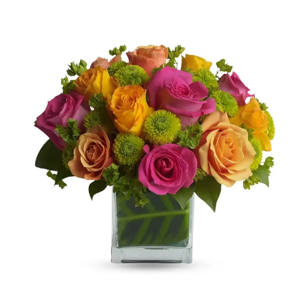 Color Me Rosy Birthday Flowers with roses & chrysanthemums. Handcrafted bouquet for delivery in Oceanside & East Rockaway,NY.