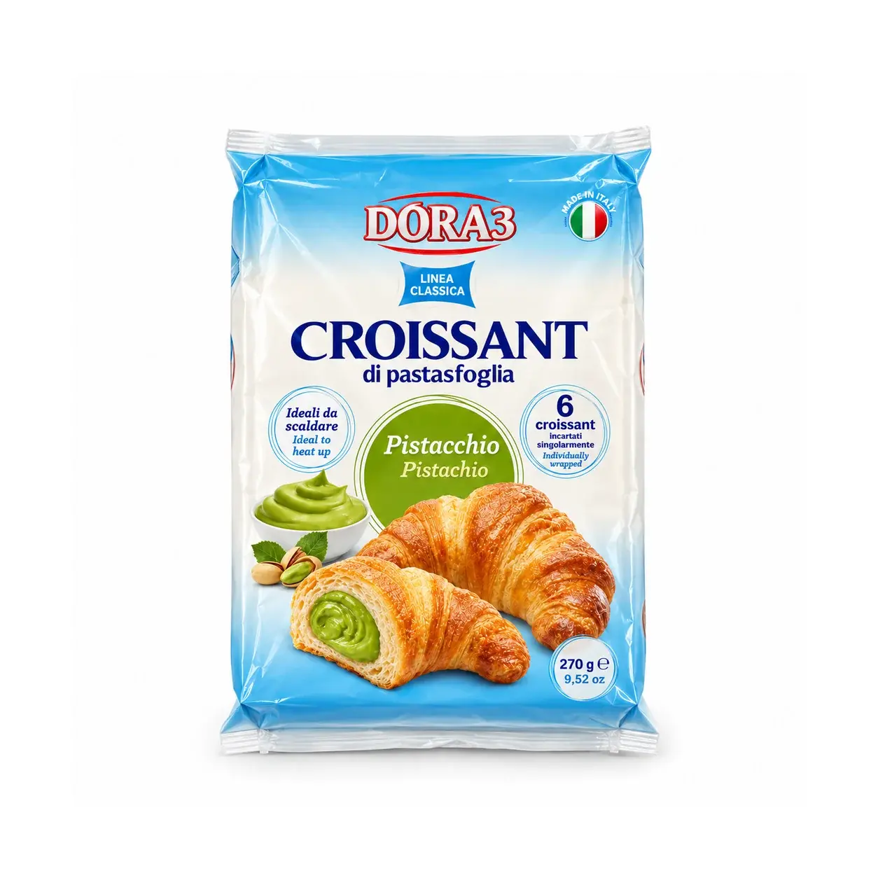 Dora3 pistachio cream croissants six pack 270g blue and white bag