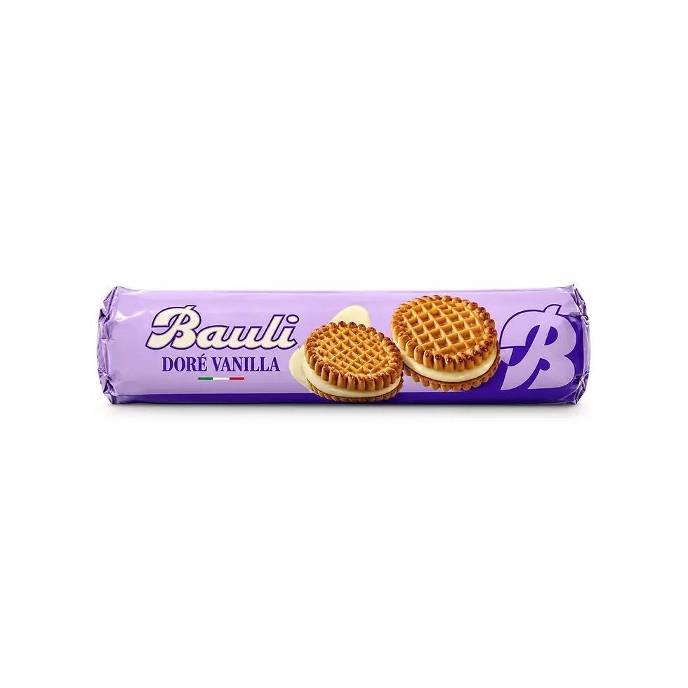 Bauli Doré vanilla cream sandwich biscuits in purple wrapped package