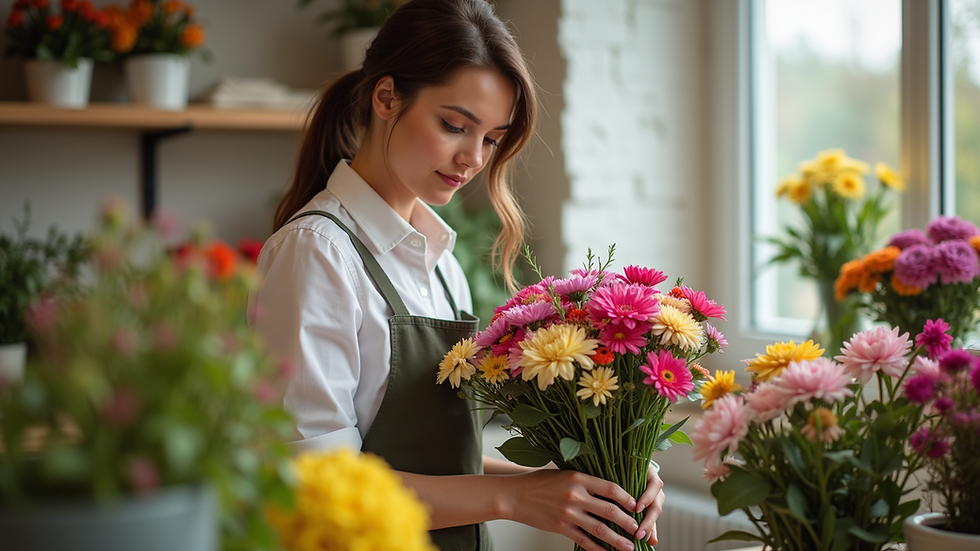 Close-up of a florist arranging a colorful bouquet in a bright shop