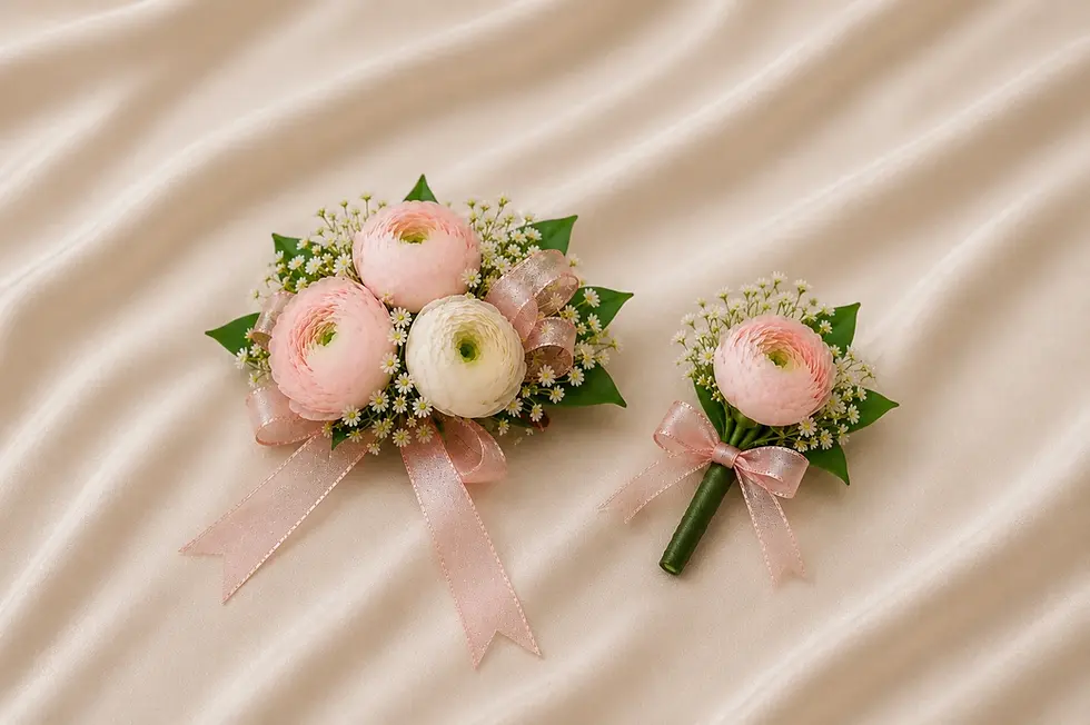 Romantic ranunculus prom flowers with matching boutonniere for Long Island Prom 2026.