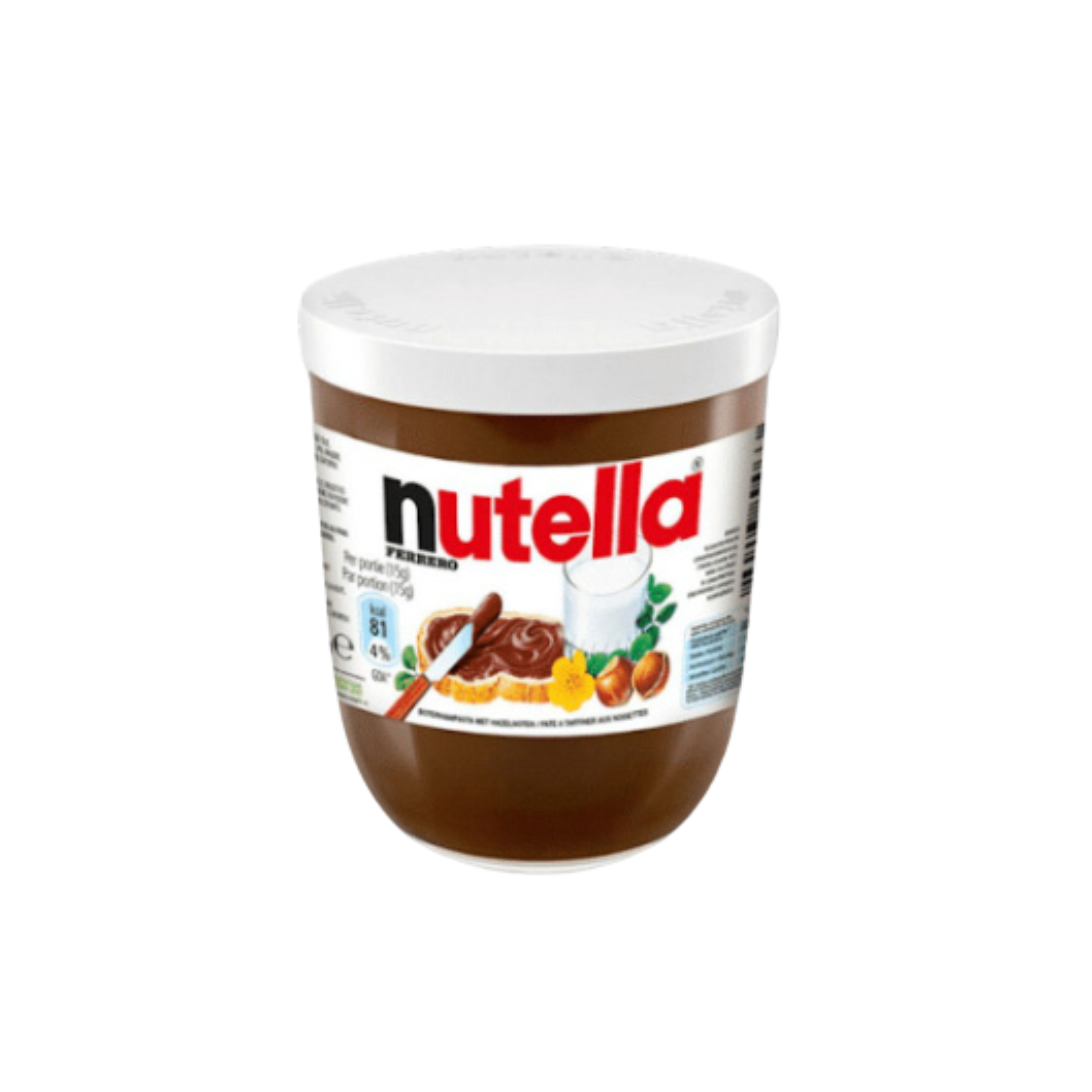 Jar of Nutella with a white lid and classic label featuring hazelnuts and bread spread.