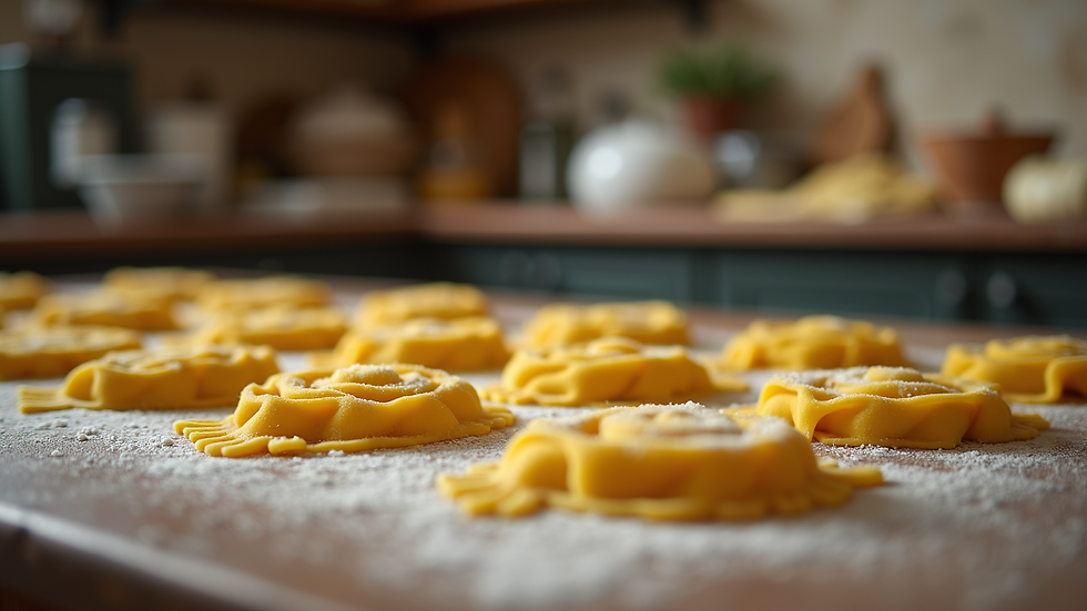 Eye-level view of a rustic Italian kitchen with various pasta shapes drying