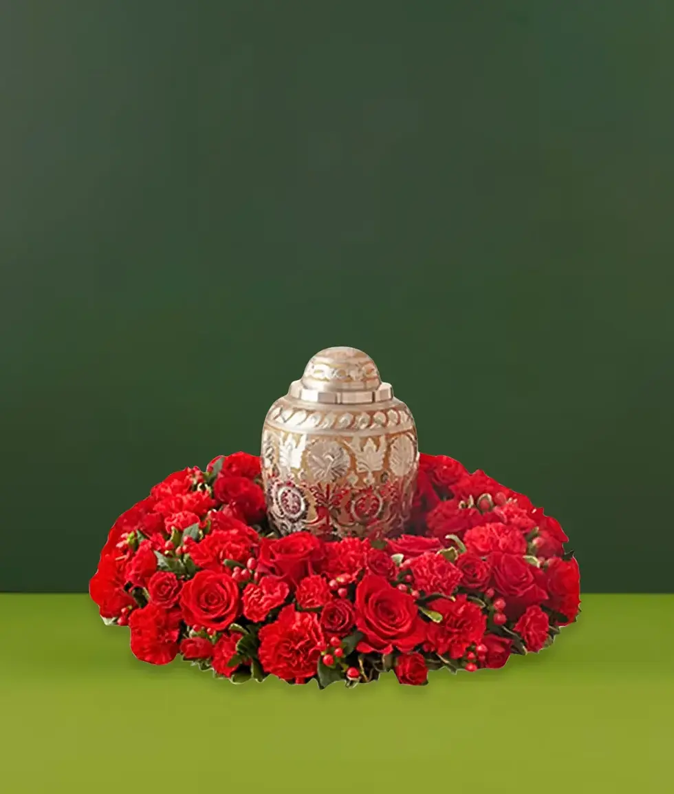 Red rose urn tribute with carnations – East Rockaway Oceanside NY Flowers by Mike