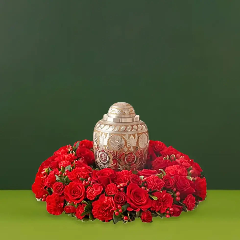 Red rose urn tribute with carnations – East Rockaway Oceanside NY Flowers by Mike
