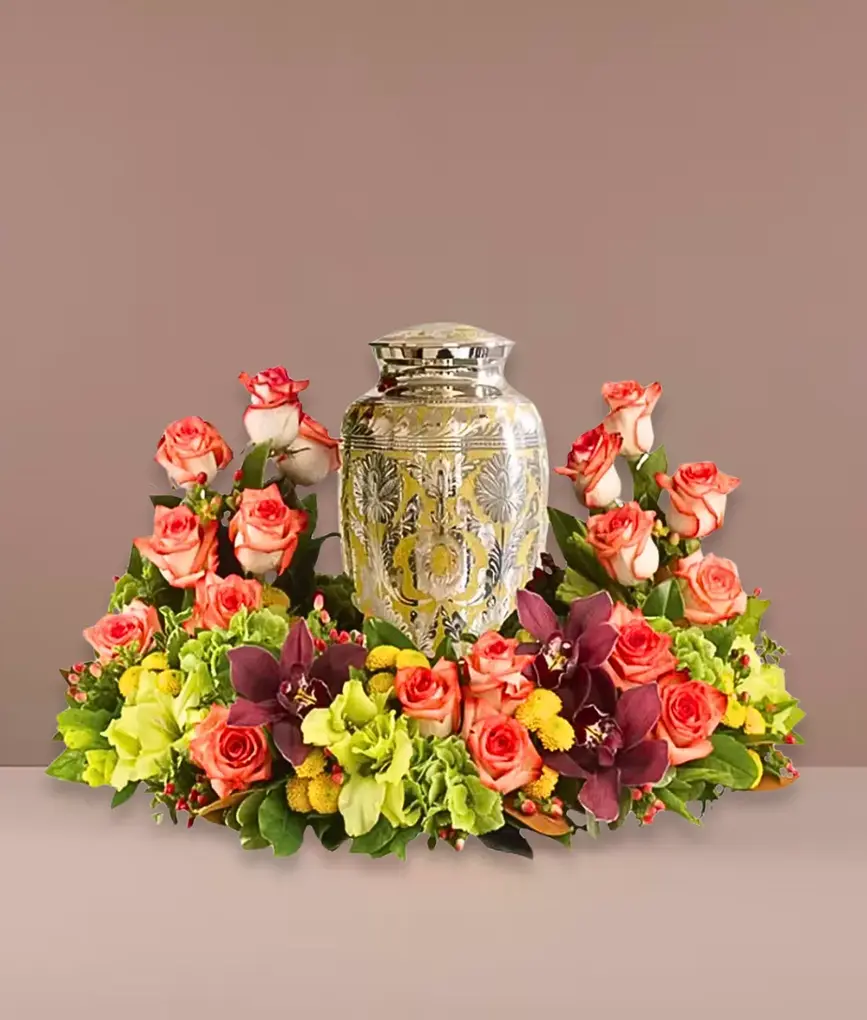 Sunset urn tribute with roses and orchids – Flowers by Mike NY East Rockaway Oceanside
