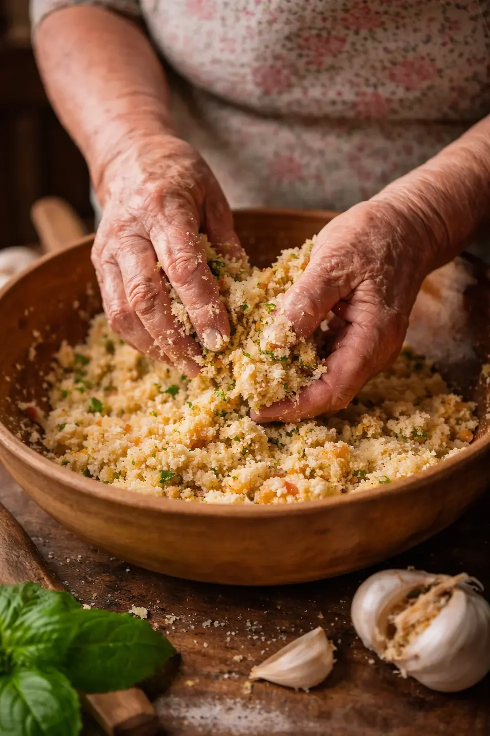talian grandmother forming cheese and egg balls in wooden bowl