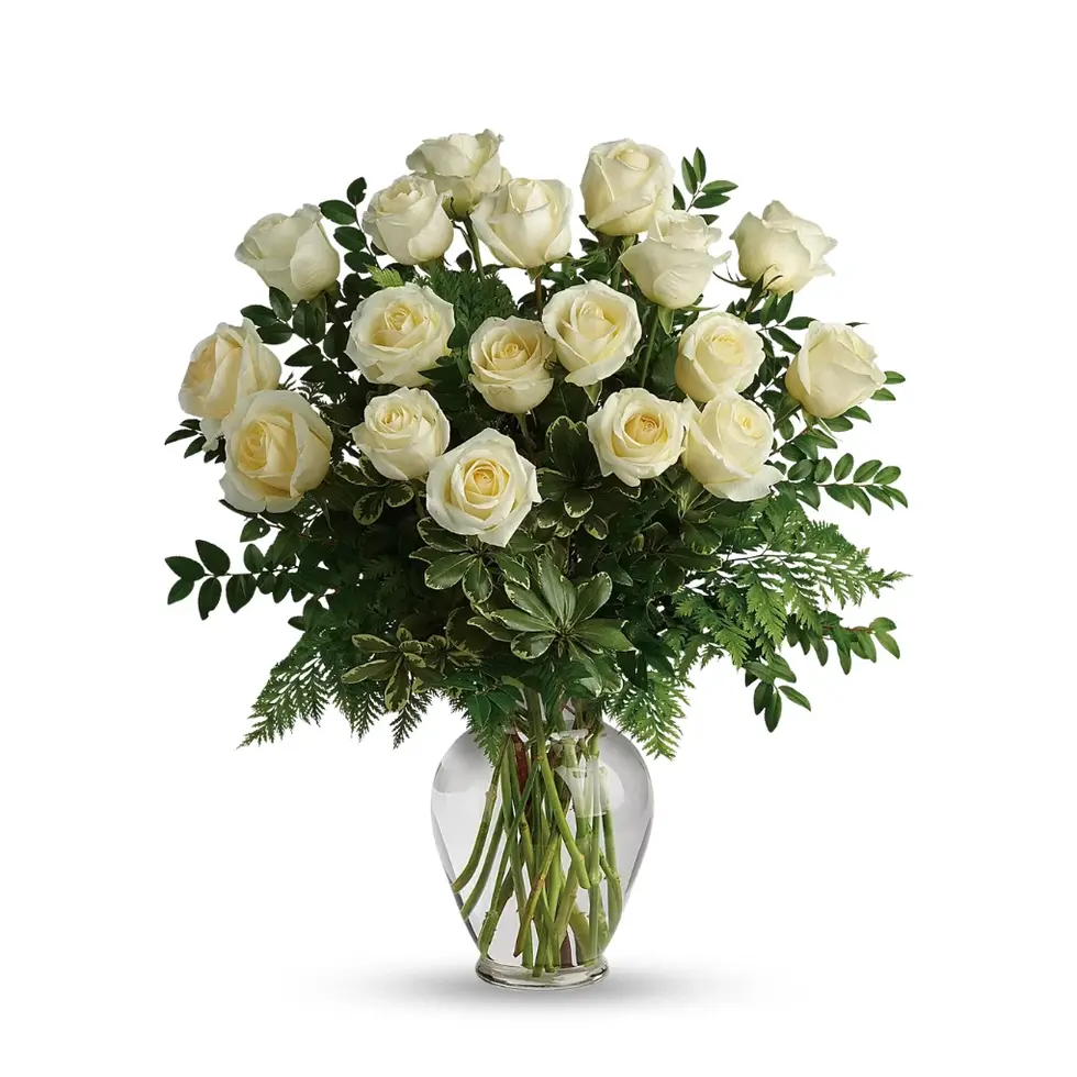 A stunning arrangement of 18 white roses in a timeless glass vase, representing new beginnings and elegance.