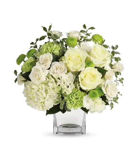 Elegant all-white I'm Sorry flower bouquet with roses, lilies, snapdragons, and hydrangeas in a clear glass vase – East Rockaway & Oceanside N