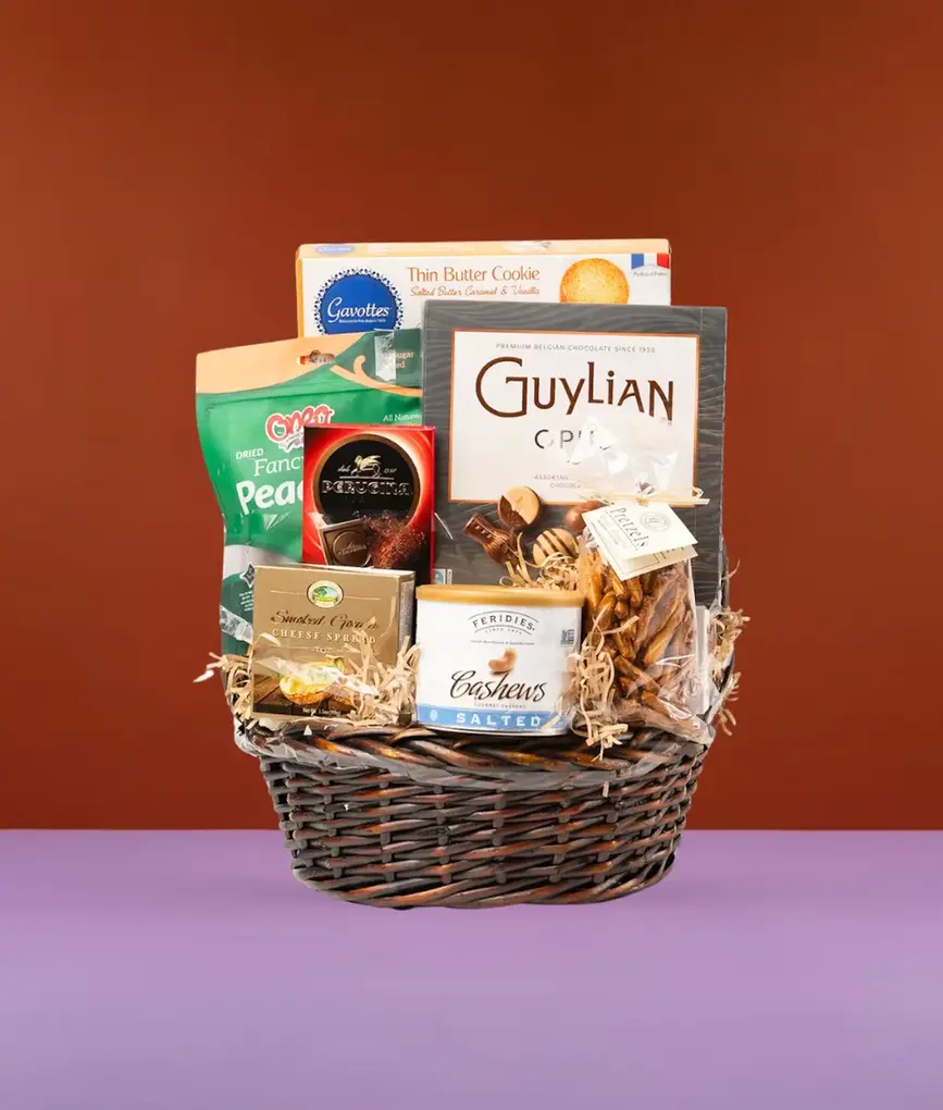 Elegant gourmet gift basket with cookies, spreads, and Belgian chocolate – same-day delivery in Oceanside and East Rockaway N