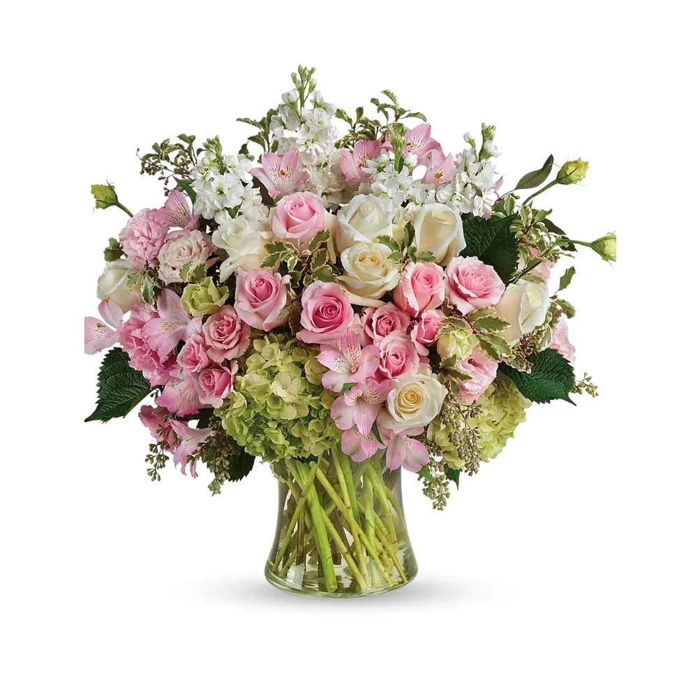 New Baby bouquet with pink and white roses. Flowers by Mike, East Rockaway & Oceanside, NY delivery.