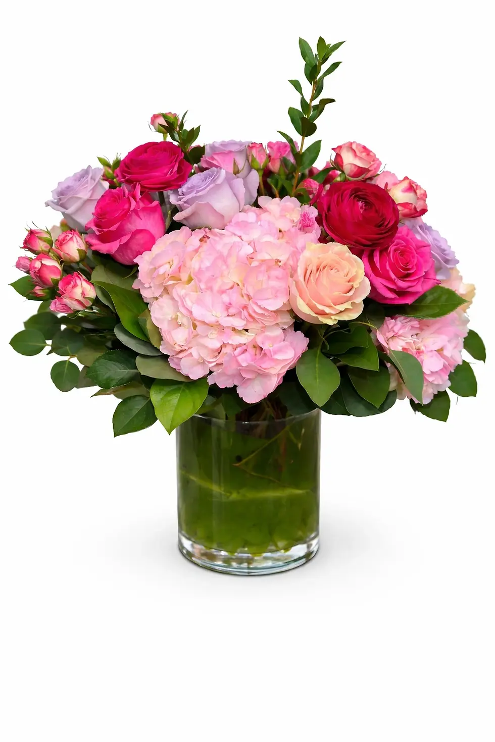 pink hydrangea and rose admin week flower arrangement in vase oceanside ny