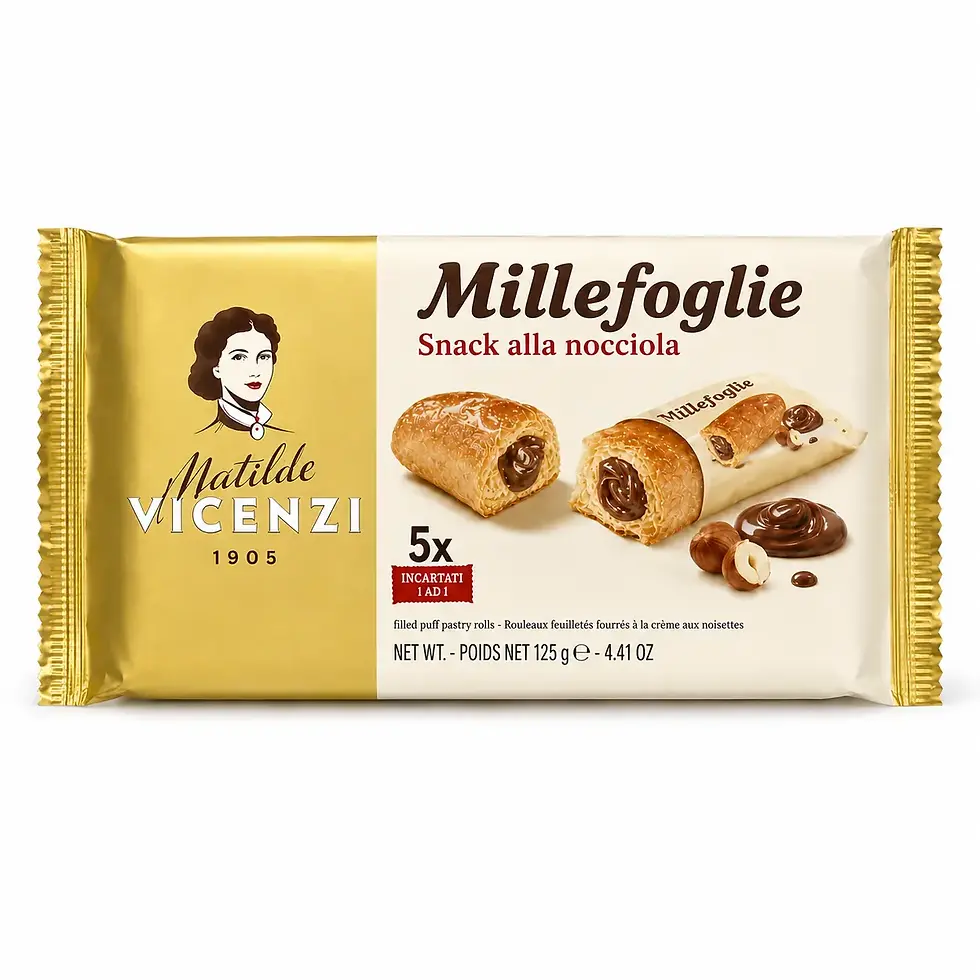 Matilde Vicenzi Millefoglie hazelnut puff pastry snacks 4.41 oz package front view