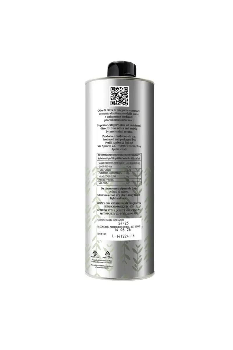 Perilli Ogliarola extra virgin olive oil back label with nutrition facts and QR code, 1L bottle