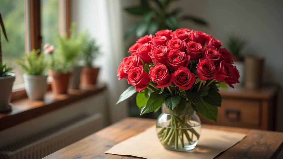 Close-up view of a vibrant bouquet of roses on a delivery table